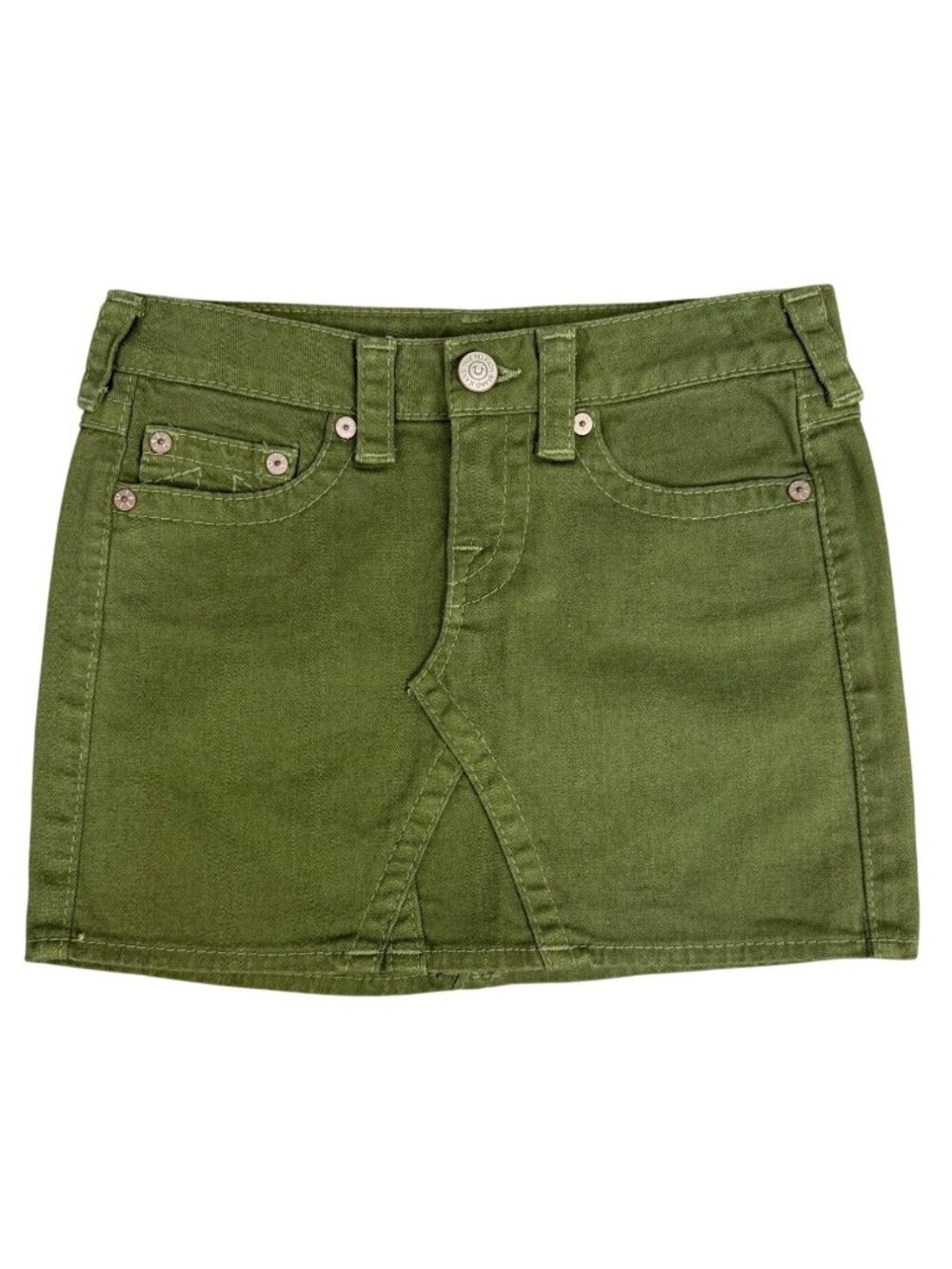 True Religion Green Denim Mini Skirt Womens 26 Rare Sample Design Retro Beach
